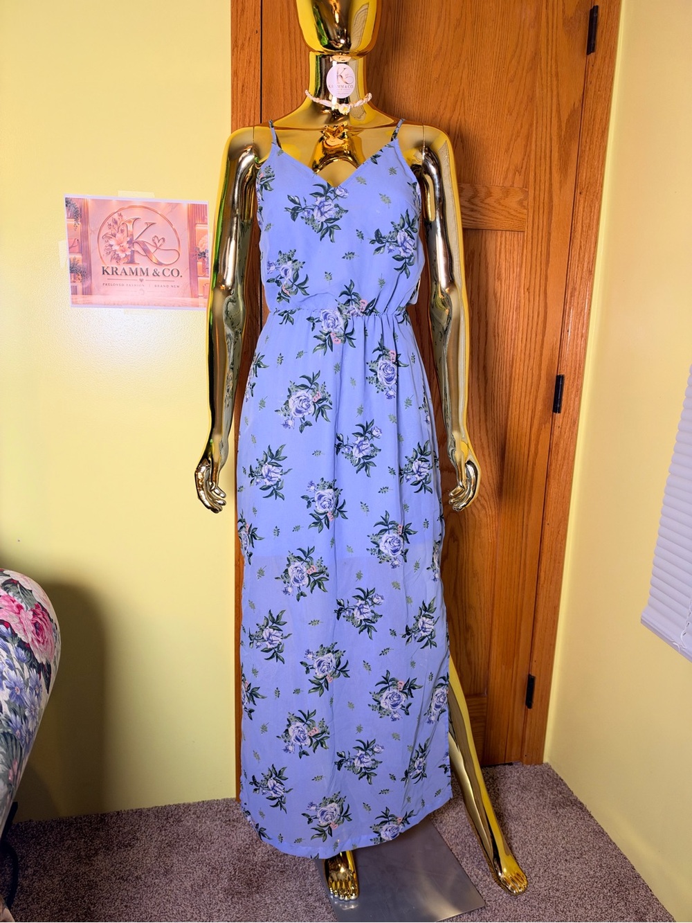 Divided Light Blue Floral Maxi Dress with Spaghetti Straps